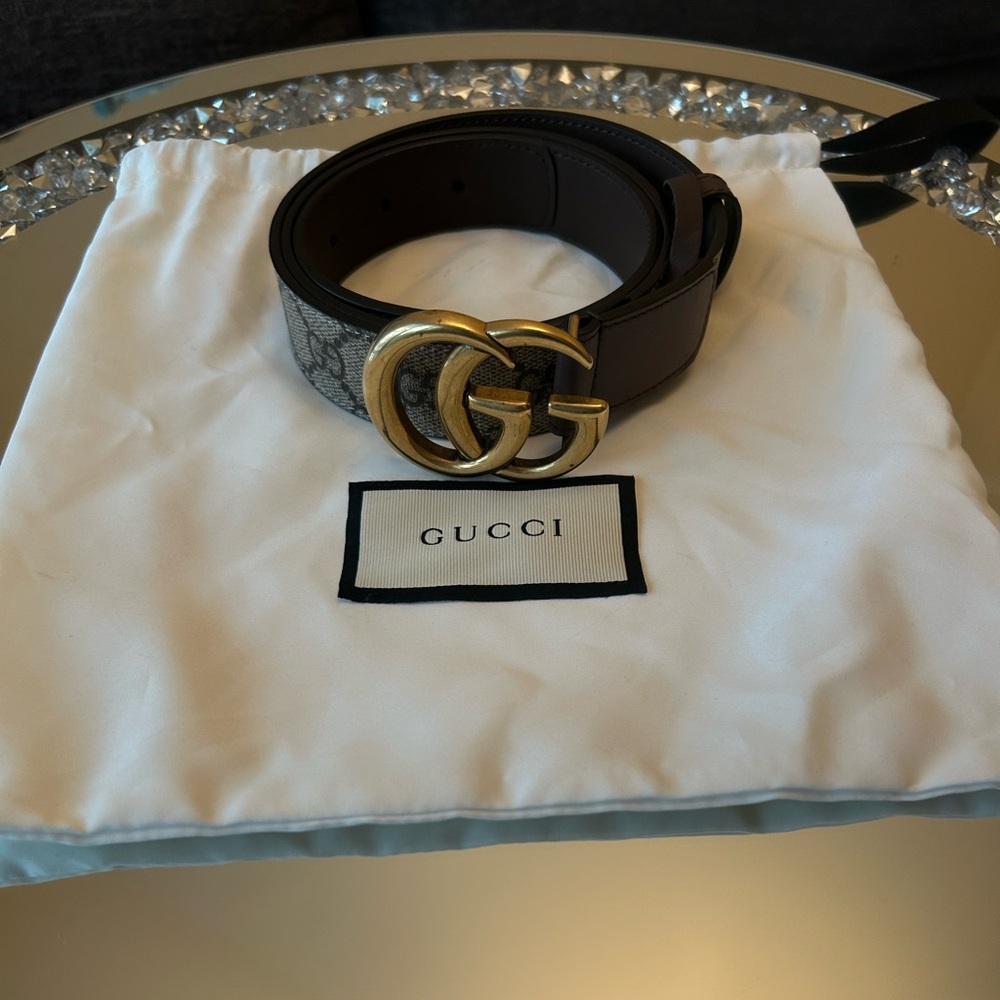 Gucci Beige Monogram Belt with Gold GG Buckle